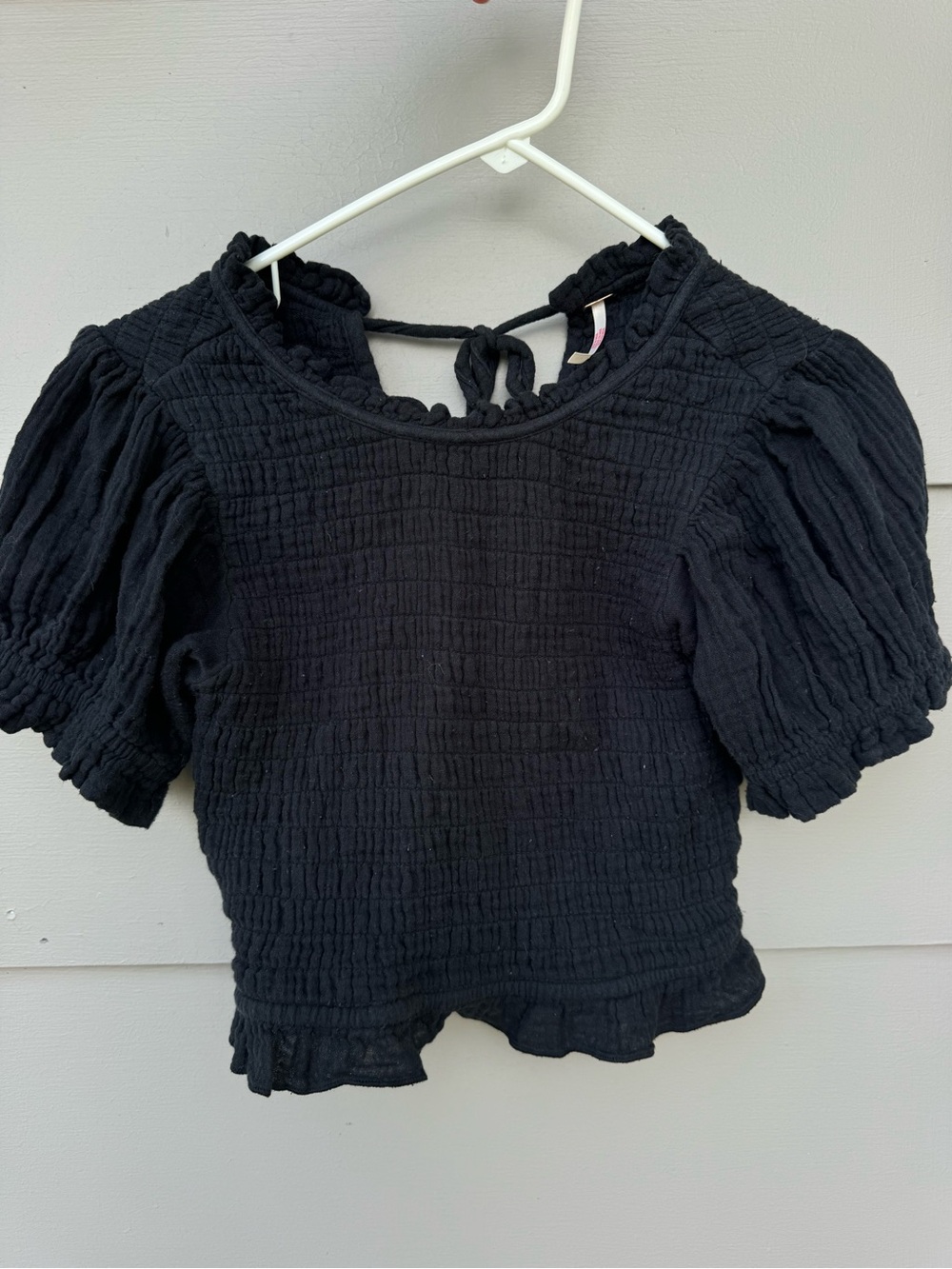 Free People Black Smocked Puff-Sleeve Crop Top
